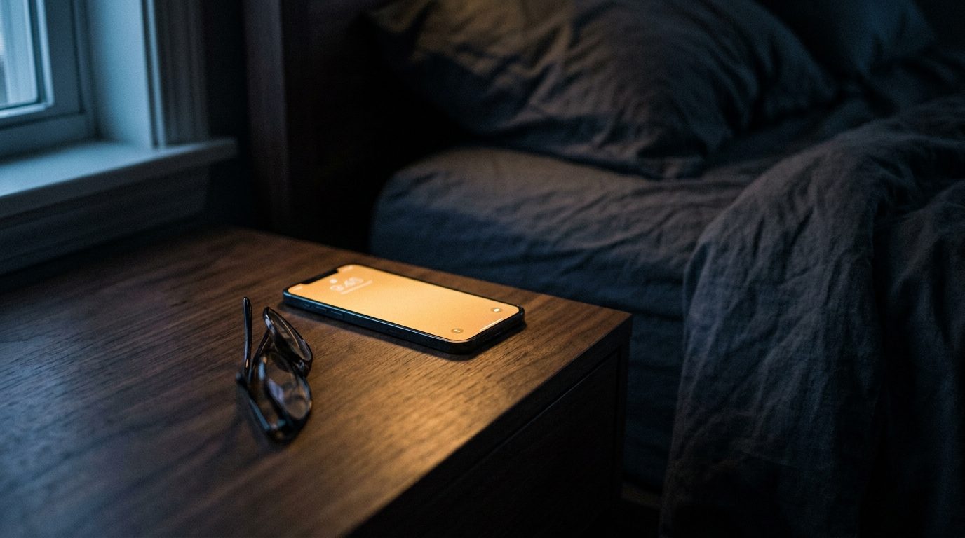 A phone glowing on a nightstand before dawn