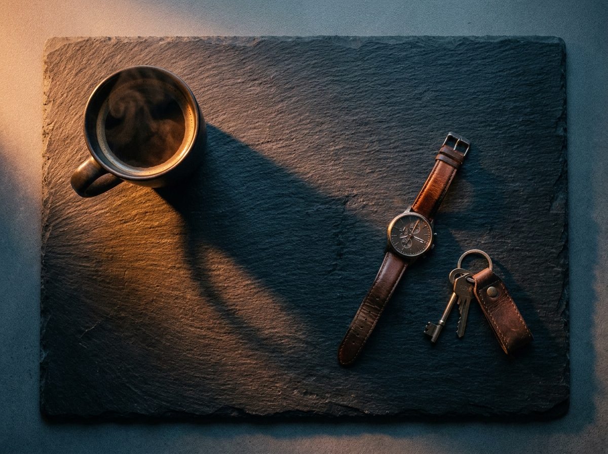 Coffee, a wristwatch and keys laid out on dark slate at dawn