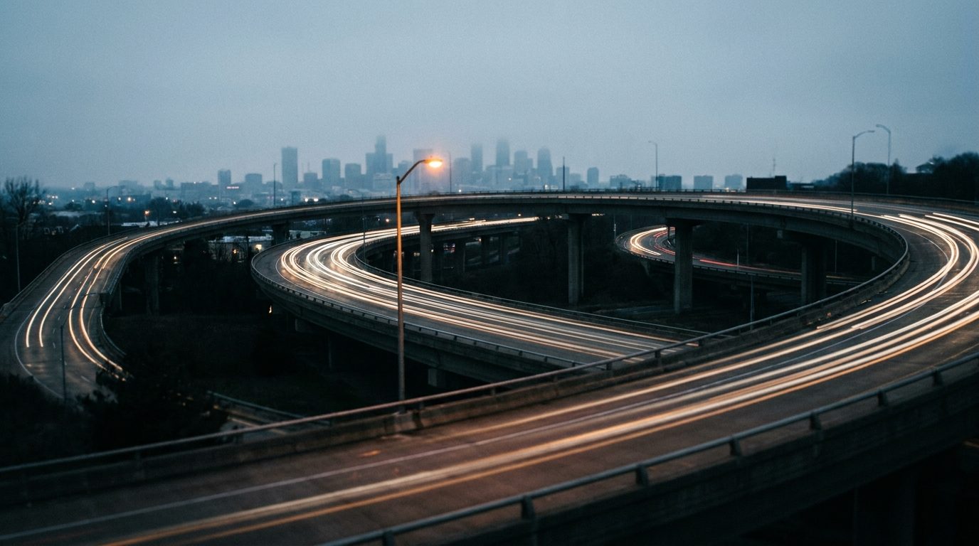 A freeway interchange at dawn traced with light trails